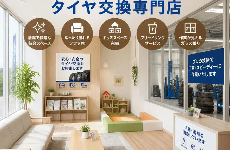 女性やファミリーも安心！清潔な待合スペース完備のタイヤ交換専門店