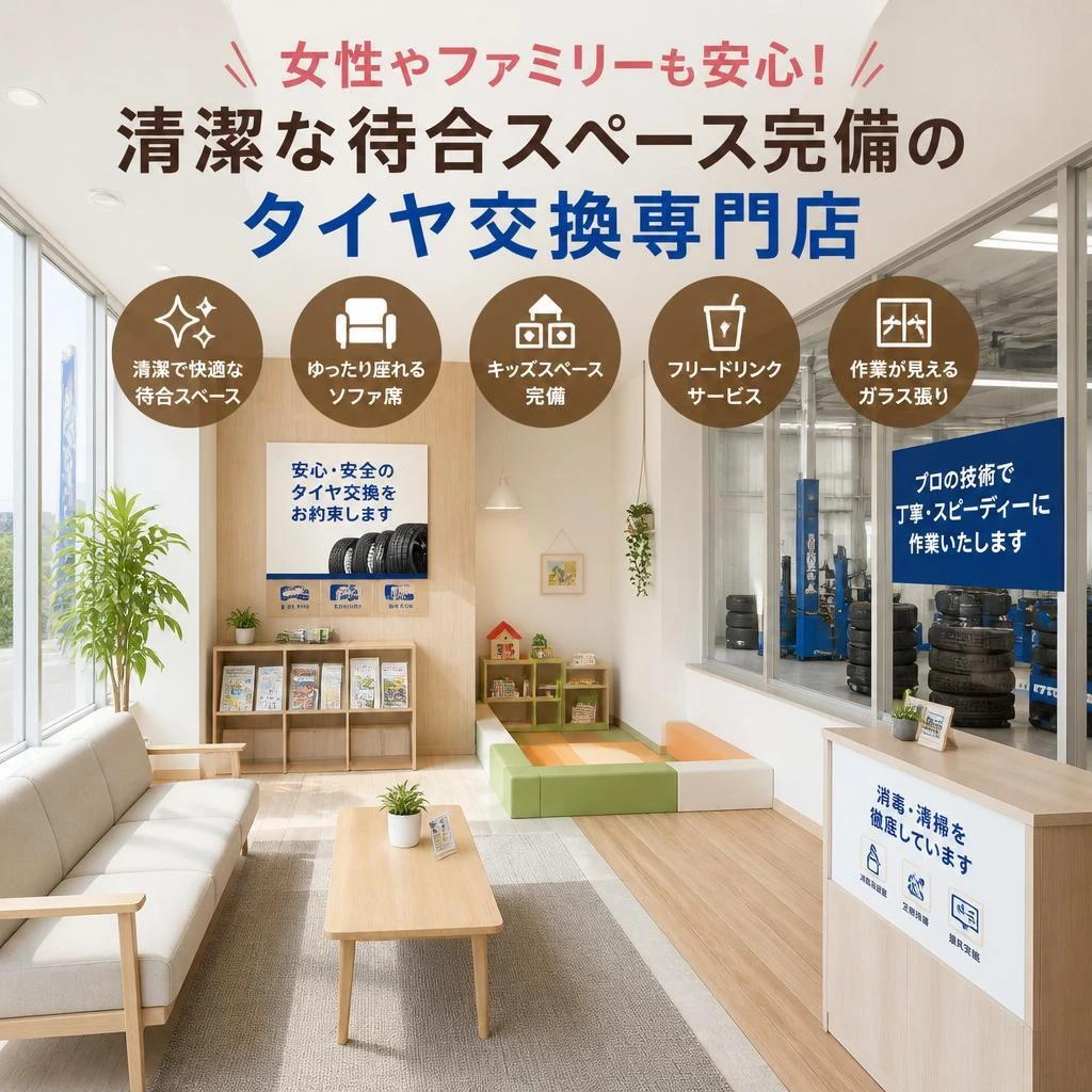 女性やファミリーも安心！清潔な待合スペース完備のタイヤ交換専門店